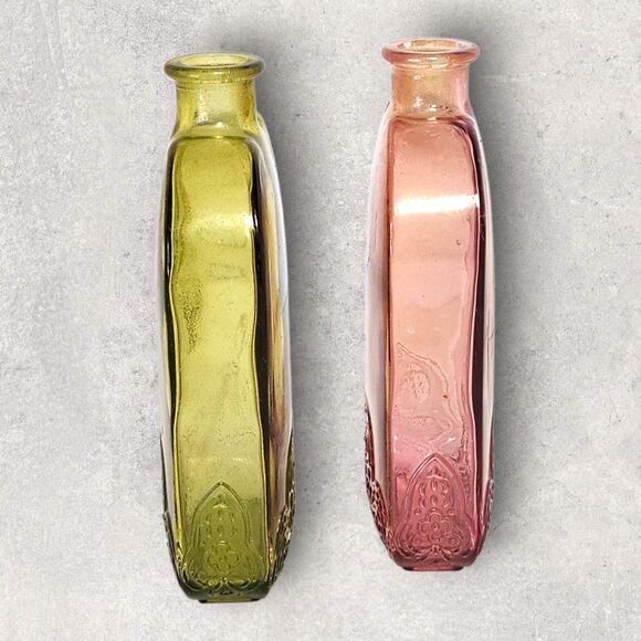 Vidrios De Levante Recycled Glass Bottles Pink & Green Embossed Spain MCM Decor - Picture 3 of 10